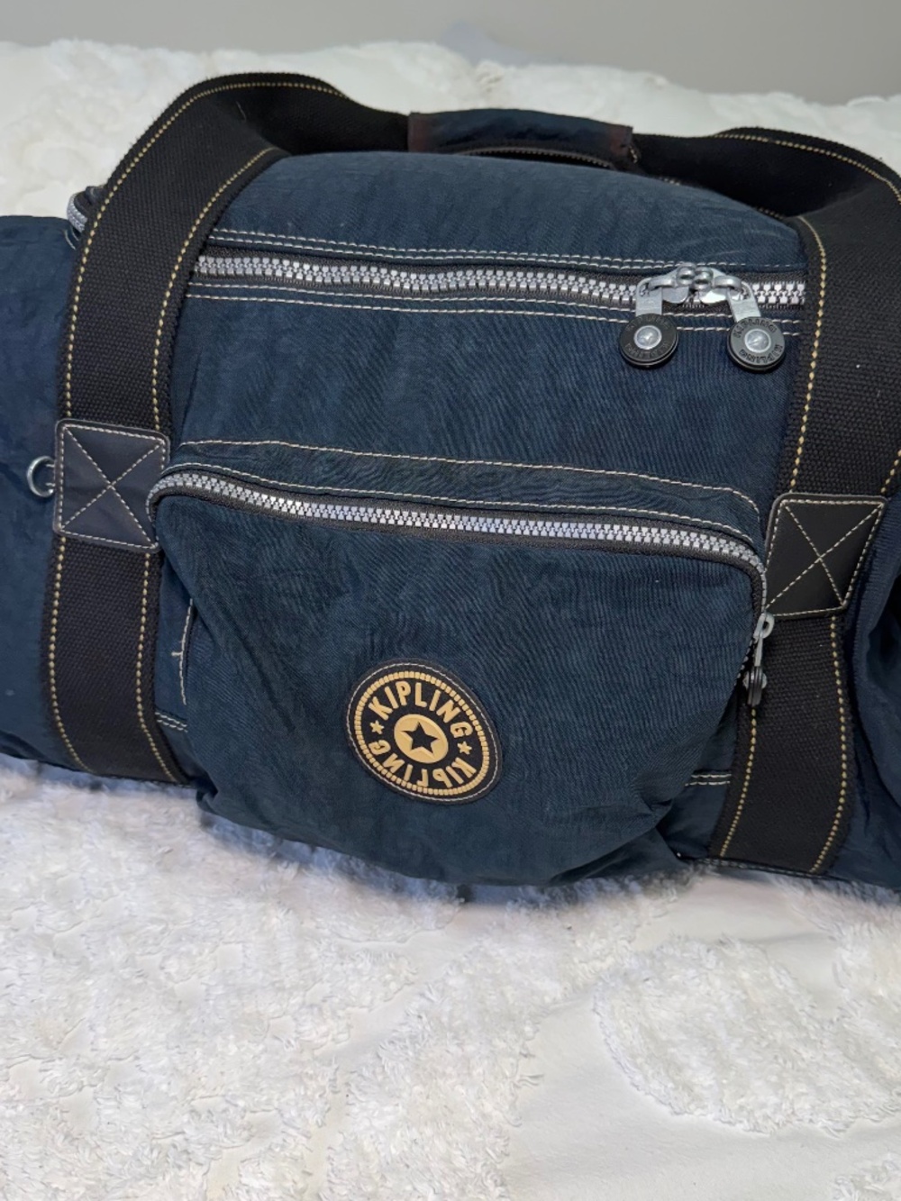 Vintage Kipling - Duffle Travel Bag, Large Blue Nylon Zip Weekender 15 x 24